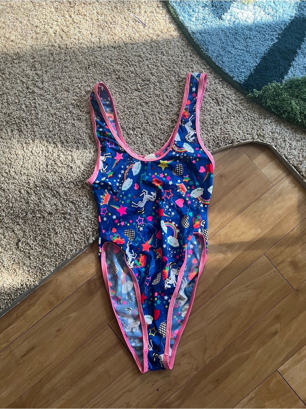 Blue Unicorn Print bodysuit with Pink Trim